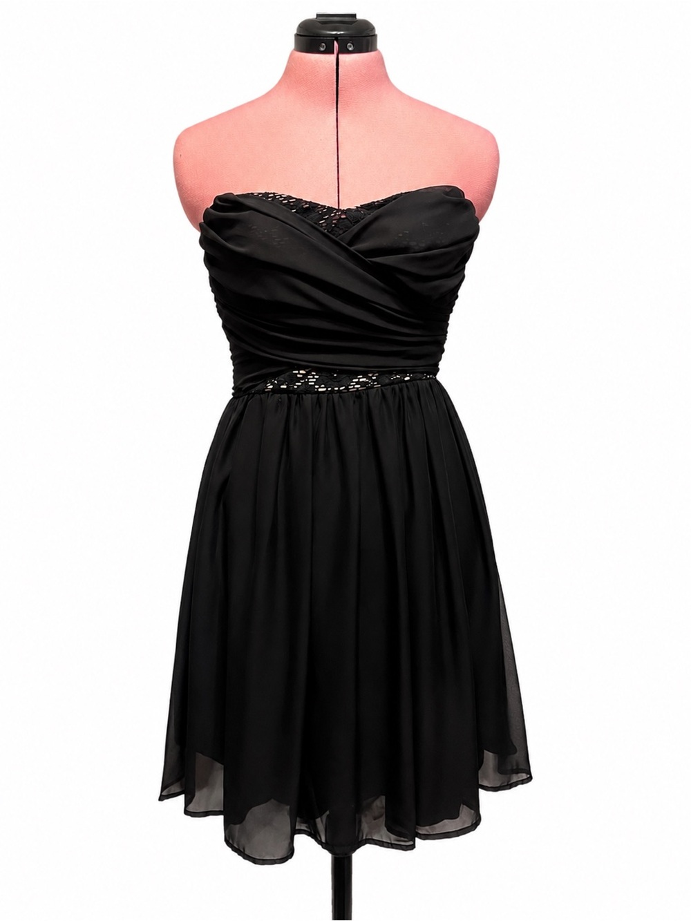 Strapless Black Chiffon Cocktail Dress | Lace Cutout Waist | Size S